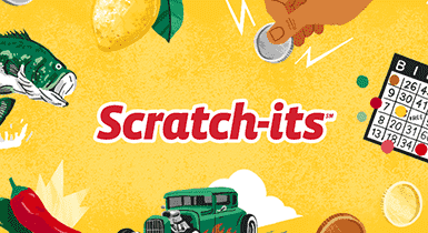Scratch-its logo with illustrations of car and bingo