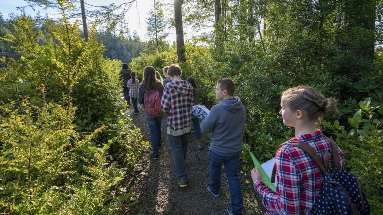 outdoor school students walk along path