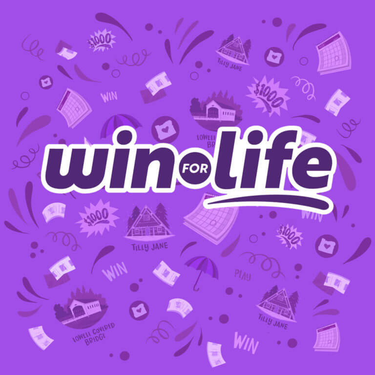 win for life logo on patterned background
