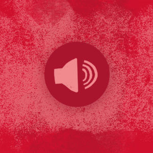 Red listen icon on a red textured field