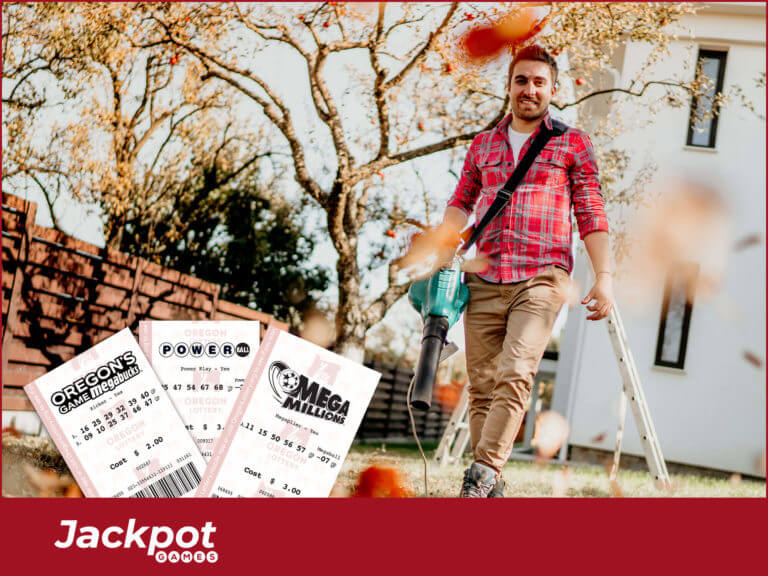 man blowing leaves in backyard with jackpot game tickets in foreground