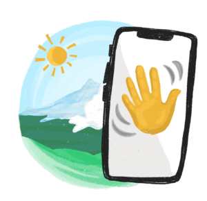 Illustration of a cell phone with a waving hand emoji
