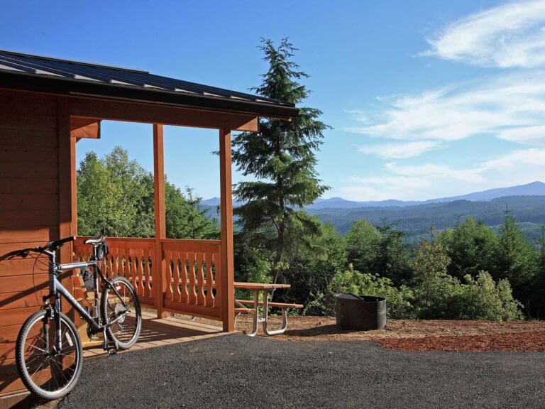Bike leaning against cabin