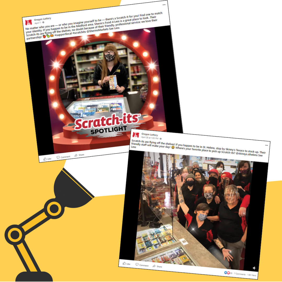 Illustration of a spotlight lamp shining on two Facebook posts featuring lottery retailers