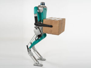 Robot holding box in profile view