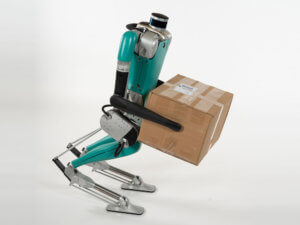 Robot holding box and squatting with bird-like knees