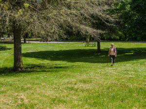 A woman walks across a field at Sarah Helmick State Park
