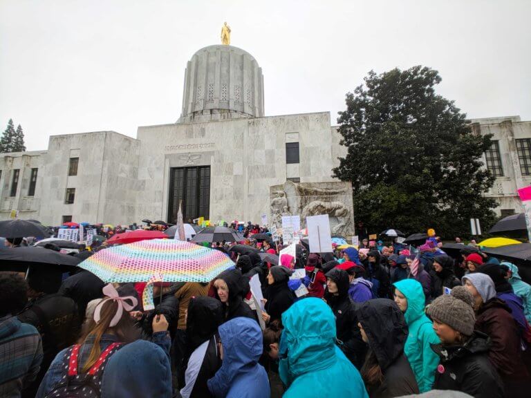 A group of demonstrators in front of the Oregon Capitol