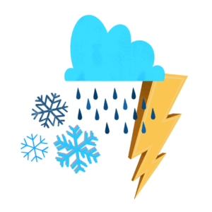 illustration of a cloud, lightning bolt, raindrops, and snowflakes
