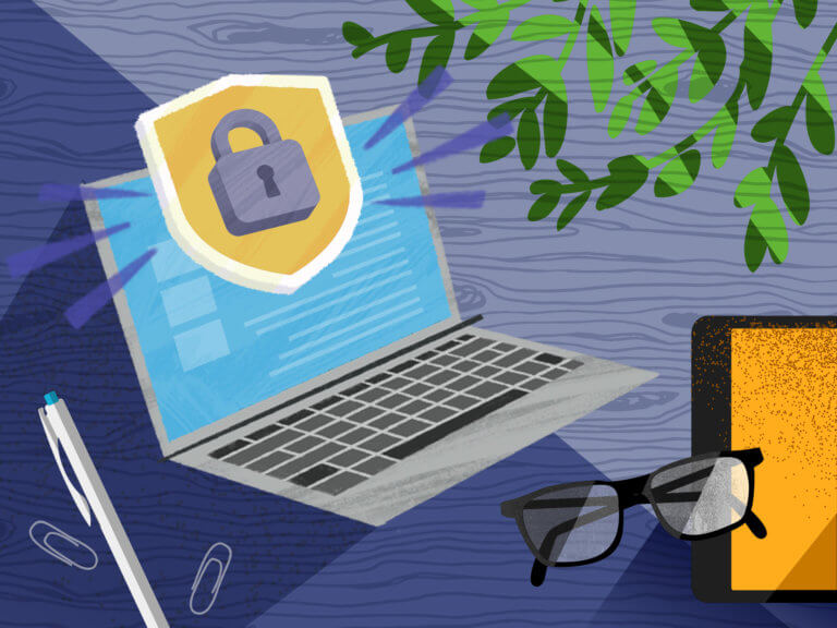 illustration of an open laptop on a desk with a padlock icon hovering over the screen
