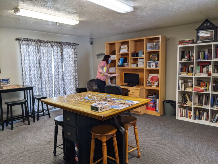 Puzzle station and library shelves at Tanner Project