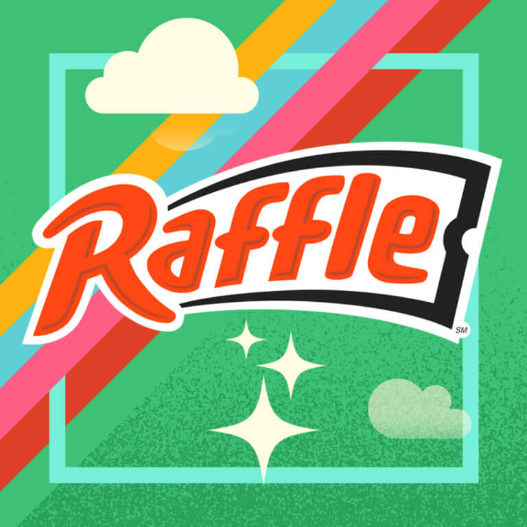 Raffle logo and rainbow on a green background