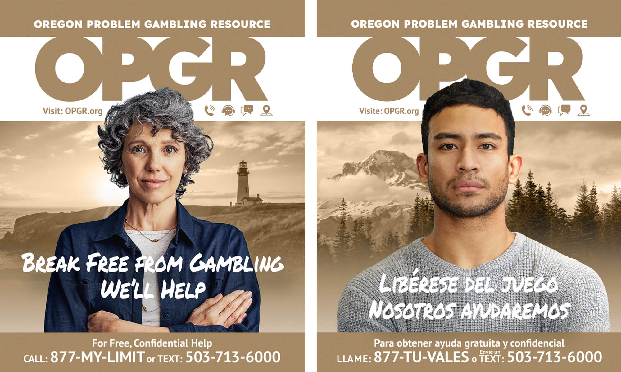 two OPGR print assets, one in English and one in Spanish. Both posters feature a person looking calmly at the viewer in front of a monochromatic Oregon landscape with OPGR in bold at the top of the image and the helpline phone number at the bottom