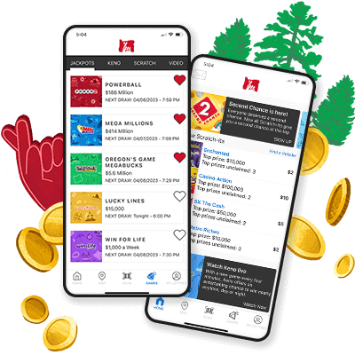 two phones opened to the Oregon Lottery mobile app, showing the homescreen and jackpot games tab
