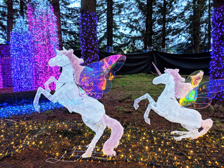 Unicorn holiday light display at the Oregon Garden Resort