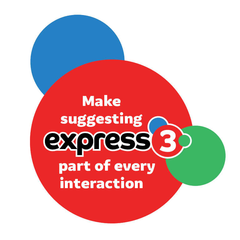 An array of blue, red, and green balls are arranged in overlay. On the largest center red ball is the text: "Make suggesting Express 3 part of every interaction"