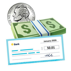 An illustration of a nickel, a stack of wrapped bills, and a paper check