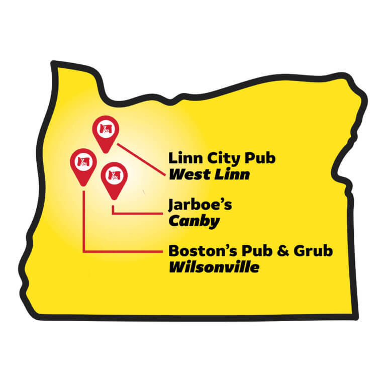 A bright yellow illustration of Oregon is outlined in black. On the map are three red map pins calling out three Oregon Lottery retailer locations: Linn City Pub in West Linn, Jarboe's in Canby, and Boston's Pub & Grub in Wilsonville.
