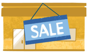 A yellow illustration of a commercial building. Over it is a comically large blue sign that reads SALE width=