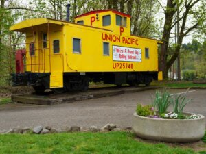 Yellow Union Pacific Railroad caboose in Troutdale