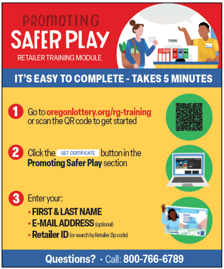 Promoting Safer Play flyer featuring illustrations from the training video, directing retailers to take the required training on the retailer section of the Lottery website