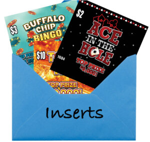 A greeting card envelope is open towards the viewer. Written on the envelope is the word "inserts". Peeking out of the envelope are a spread of Scratch-it Game Burst inserts